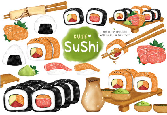 Water Color Cute Sushi Clipart: A Playful Design Asset